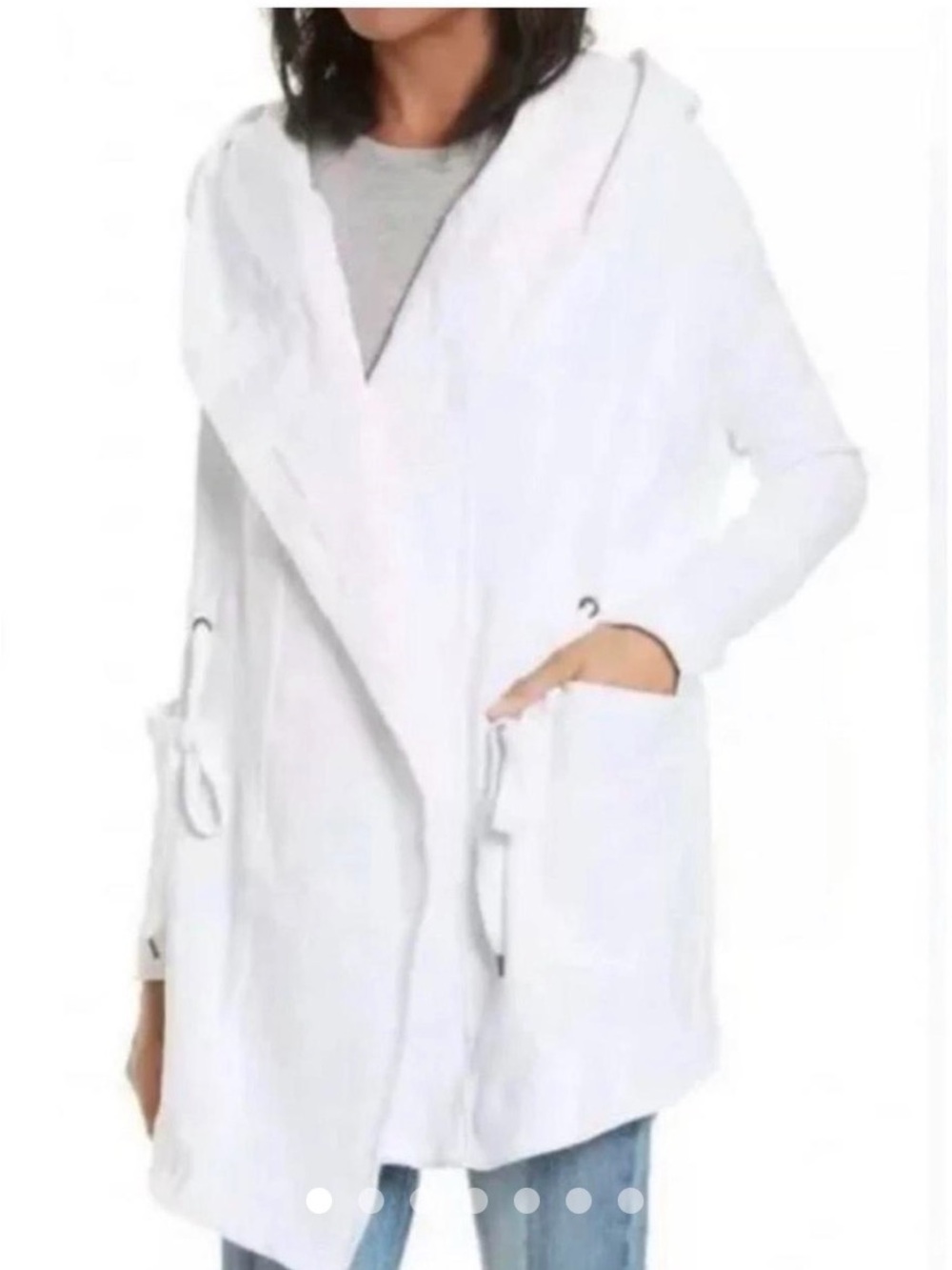 White Hooded Open-Front Cardigan Bathrobe? with Drawstring Pockets